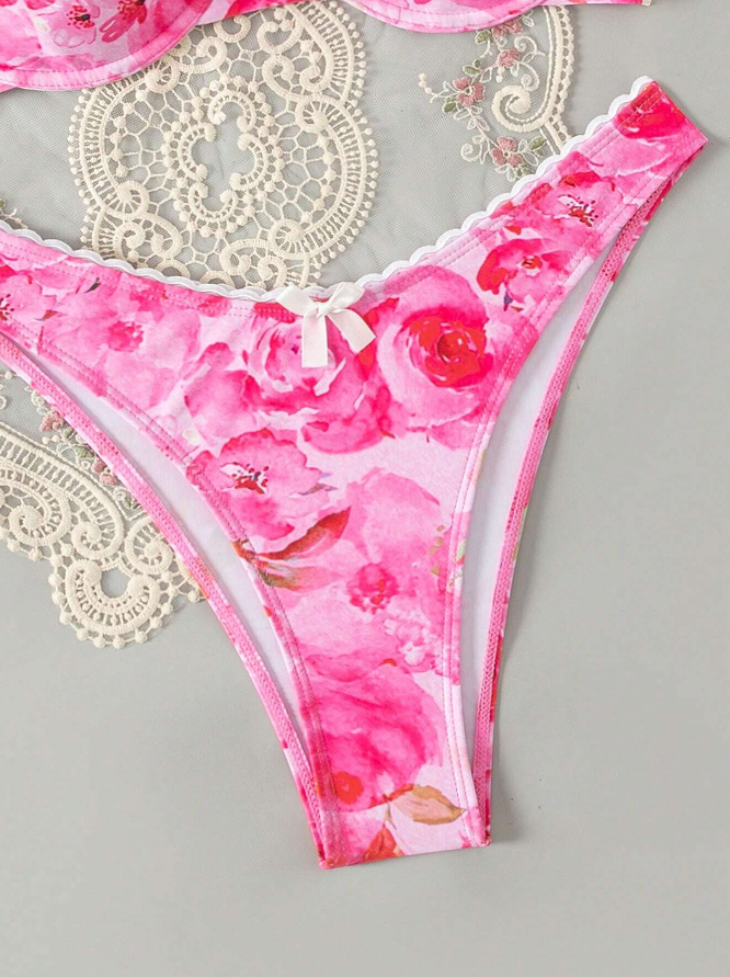 🌺 Conjunto de Bikini Estampado con Moño y Encaje