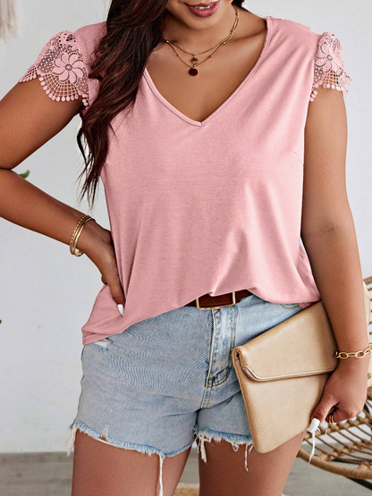 🌸 Camiseta de Talla Grande con Encaje en Empalme y Lazada en la Espalda