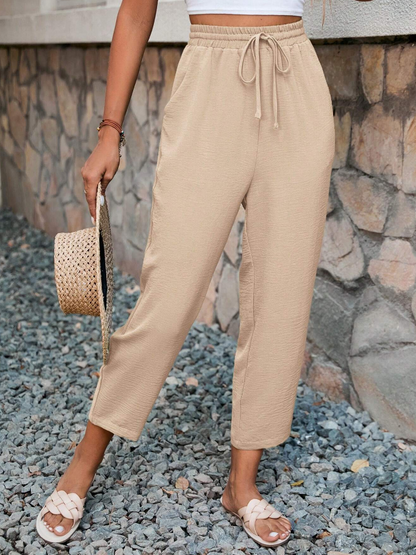 🤎 Pantalones Cónicos con Cintura con Cordón y Textura Unicolor