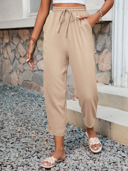 🤎 Pantalones Cónicos con Cintura con Cordón y Textura Unicolor