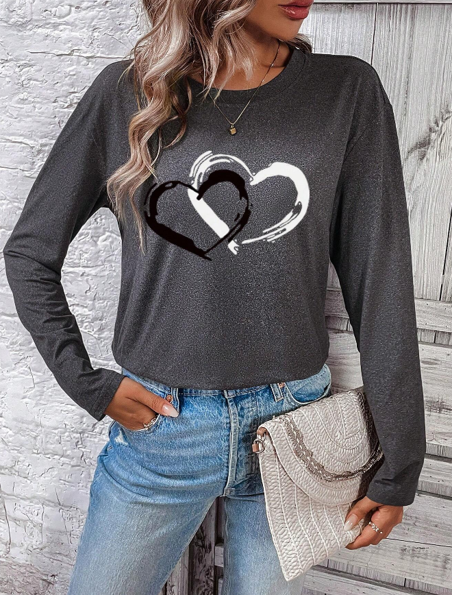 🩶 Camiseta de Manga Larga para Mujer con Estampa de Corazón