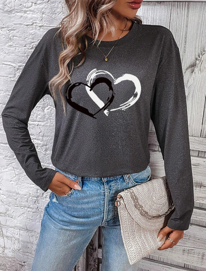 🩶 Camiseta de Manga Larga para Mujer con Estampa de Corazón