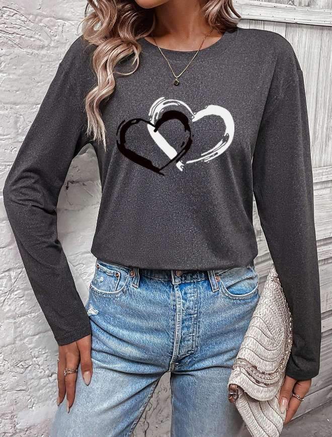 🩶 Camiseta de Manga Larga para Mujer con Estampa de Corazón