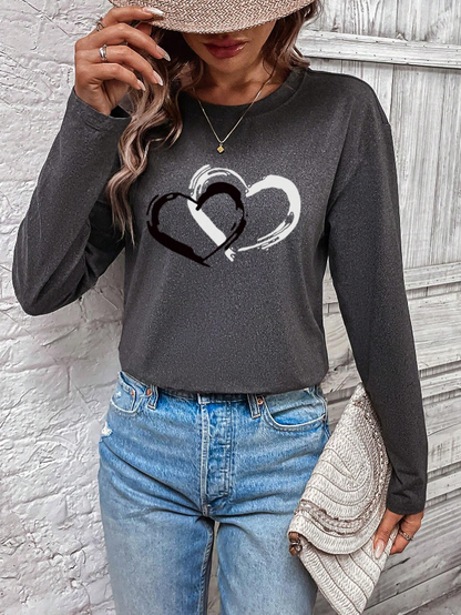 🩶 Camiseta de Manga Larga para Mujer con Estampa de Corazón