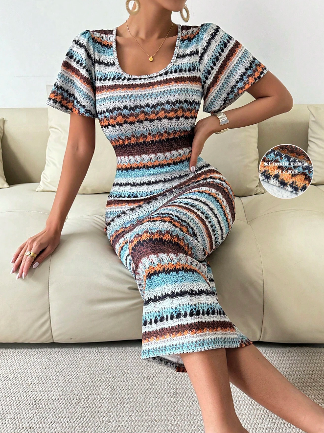 🌈 Vestido Largo de Punto Ajustado con Cuello Redondo y Estampado