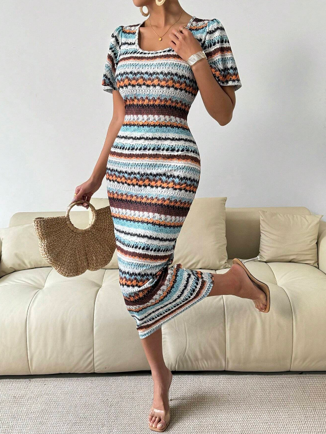 🌈 Vestido Largo de Punto Ajustado con Cuello Redondo y Estampado