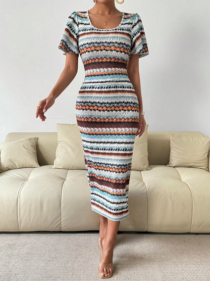 🌈 Vestido Largo de Punto Ajustado con Cuello Redondo y Estampado