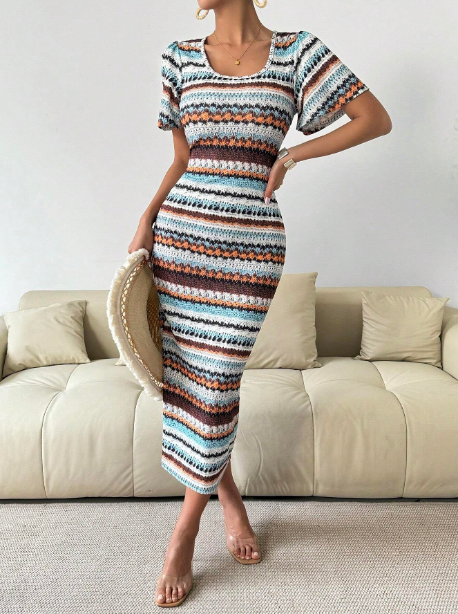 🌈 Vestido Largo de Punto Ajustado con Cuello Redondo y Estampado