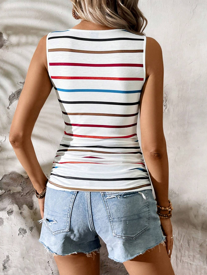 🌈 Camiseta de Punto Casual y Ajustada con Cuello en U y Rayas de Arcoíris