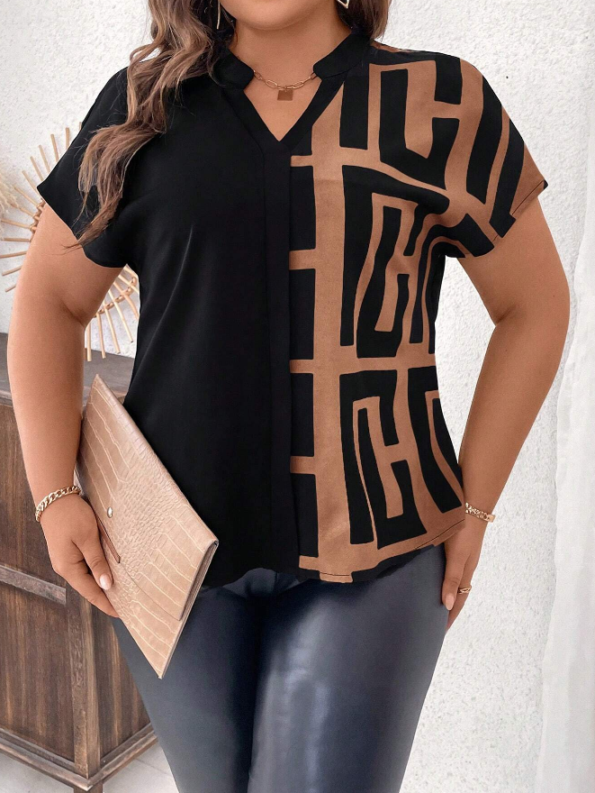 🟤 Camisa Casual de Manga Corta con Cuello Escotado y Estampado Geométrico