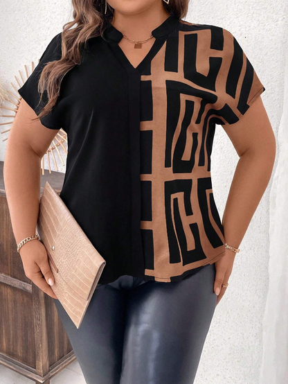 🟤 Camisa Casual de Manga Corta con Cuello Escotado y Estampado Geométrico