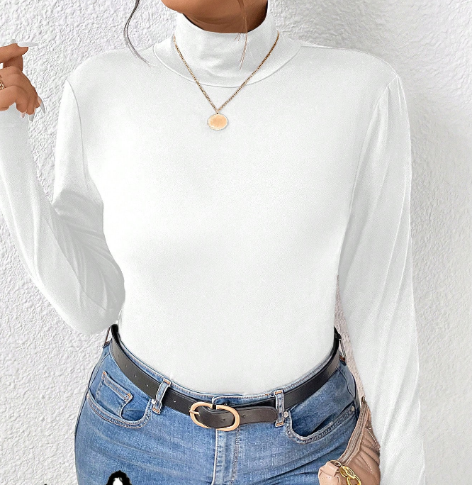 🤍 Camiseta de Manga Larga Ajustada con Cuello de Pie de Unicolor