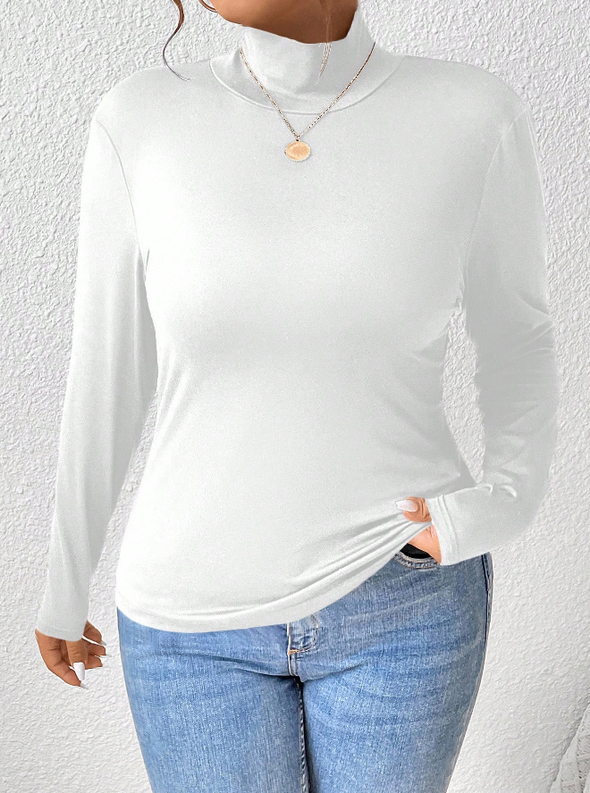 🤍 Camiseta de Manga Larga Ajustada con Cuello de Pie de Unicolor