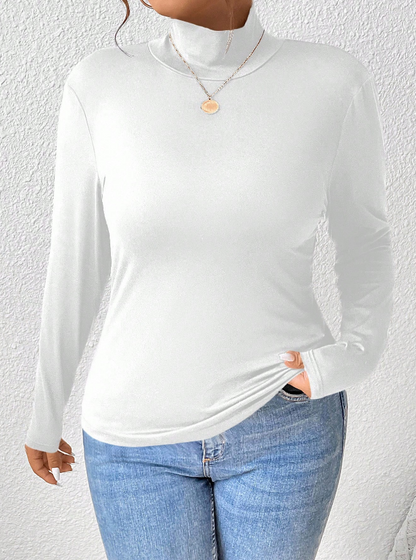 🤍 Camiseta de Manga Larga Ajustada con Cuello de Pie de Unicolor