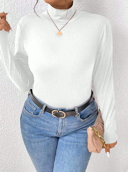 🤍 Camiseta de Manga Larga Ajustada con Cuello de Pie de Unicolor