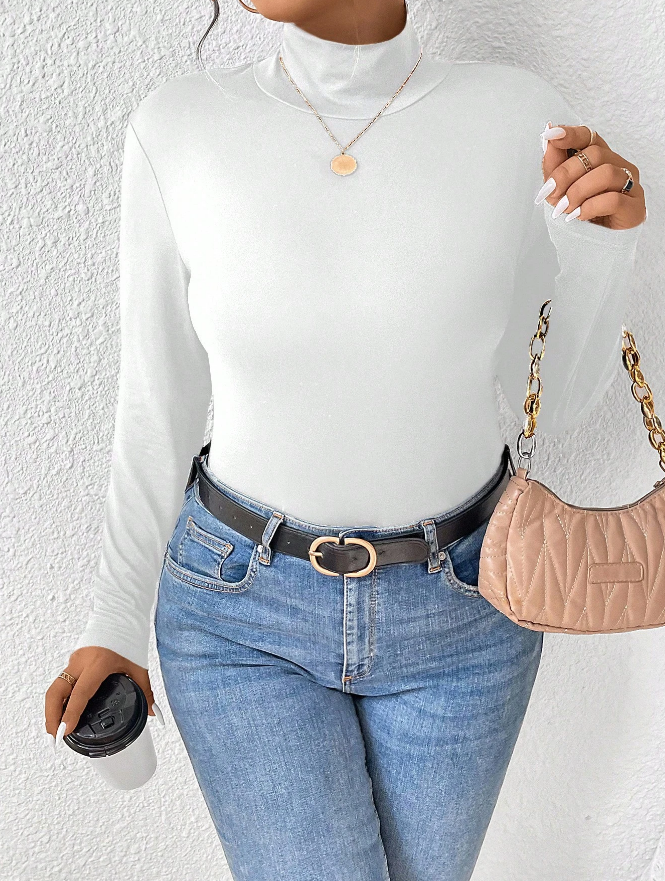 🤍 Camiseta de Manga Larga Ajustada con Cuello de Pie de Unicolor