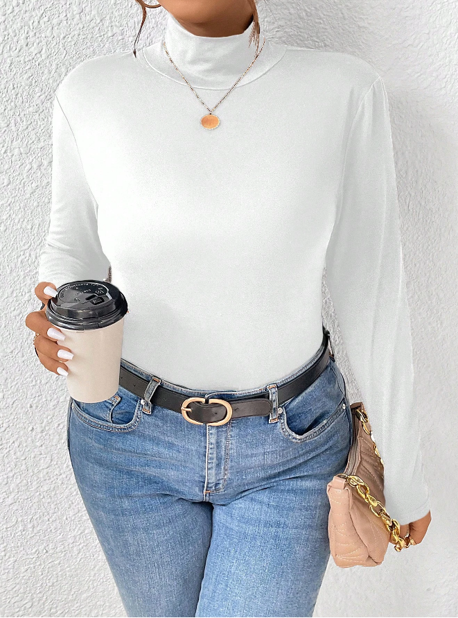 🤍 Camiseta de Manga Larga Ajustada con Cuello de Pie de Unicolor