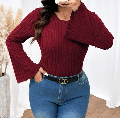 🍂 Camiseta Ajustada Mangas Acampanadas y Textura Estriada