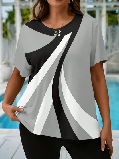 🌀 Camiseta Holgada de Cuello Redondo con Estampado Geométrico