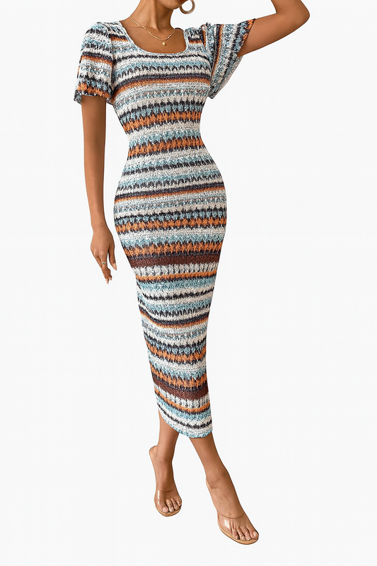 🌈 Vestido Largo de Punto Ajustado con Cuello Redondo y Estampado