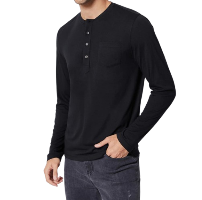 🖤 Camiseta Henley Hombre – Manga Larga Negra de Punto