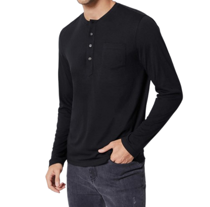 🖤 Camiseta Henley Hombre – Manga Larga Negra de Punto