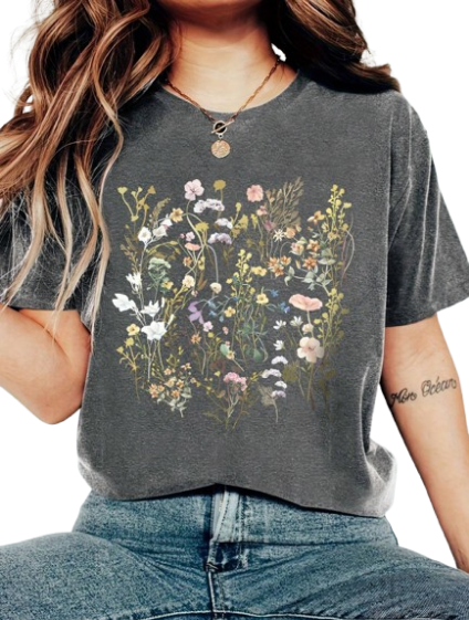🌿 Camiseta de Manga Corta con Cuello Redondo y Diseño de Plantas