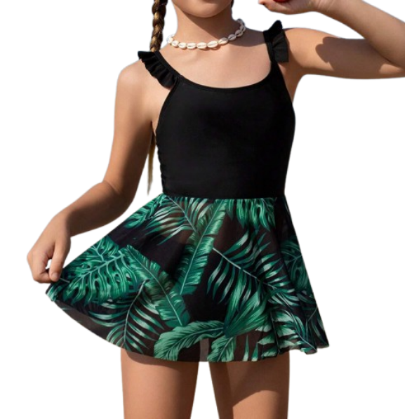 🌴 Conjunto Tankini Infantil – Estampado Tropical + Volantes