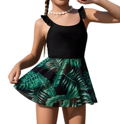 🌴 Conjunto Tankini Infantil – Estampado Tropical + Volantes