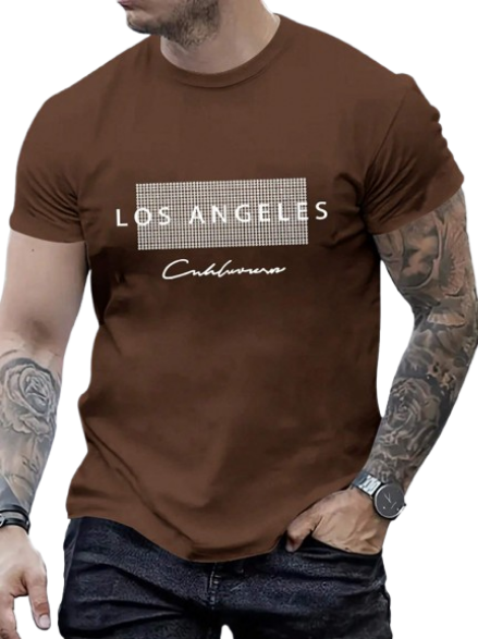 Camiseta Hombre – Estilo Urbano Café con Tipografía “Los Angeles”