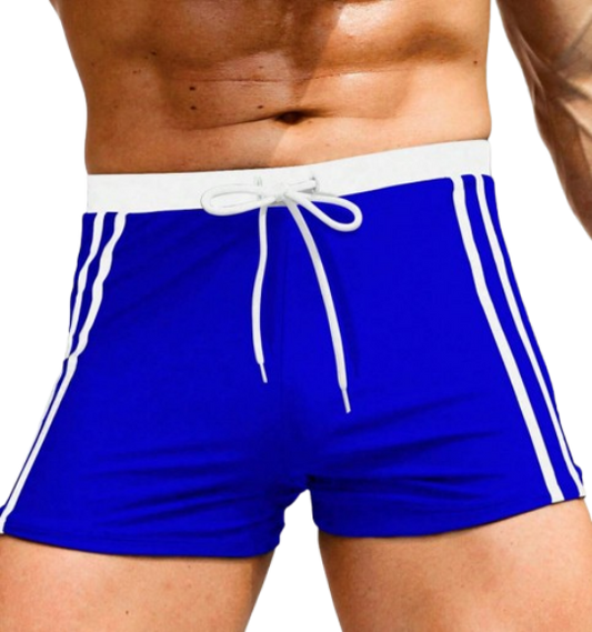 🌊 Shorts de Baño Hombre – Rayas Verticales Azul & Blanco
