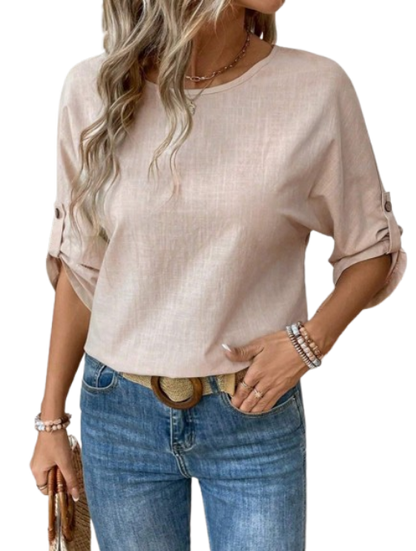 🍑 Blusa de Manga Media y Cuello Redondo Unicolor