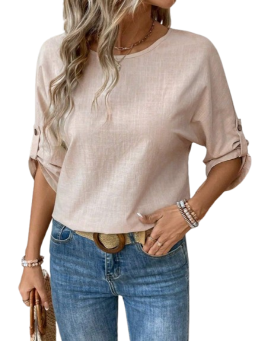 🍑 Blusa de Manga Media y Cuello Redondo Unicolor