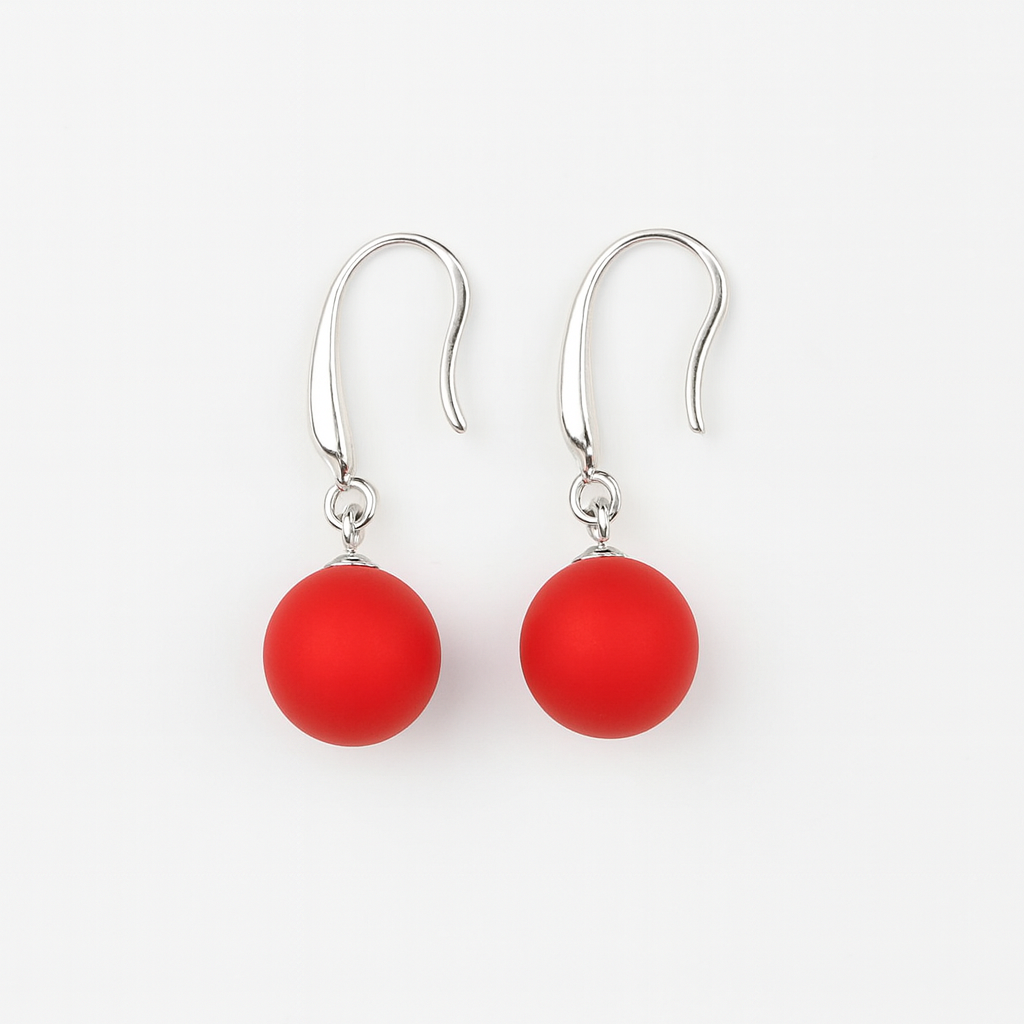 🎀 Pendientes Largos – Perla Blanca & Esfera Roja