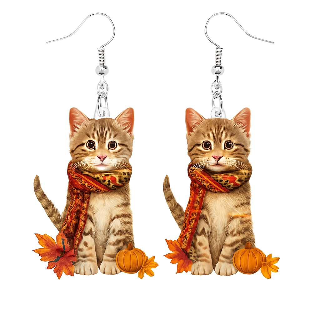 🍁 Pendientes Otoñales – Gatitos con Bufanda y Calabazas
