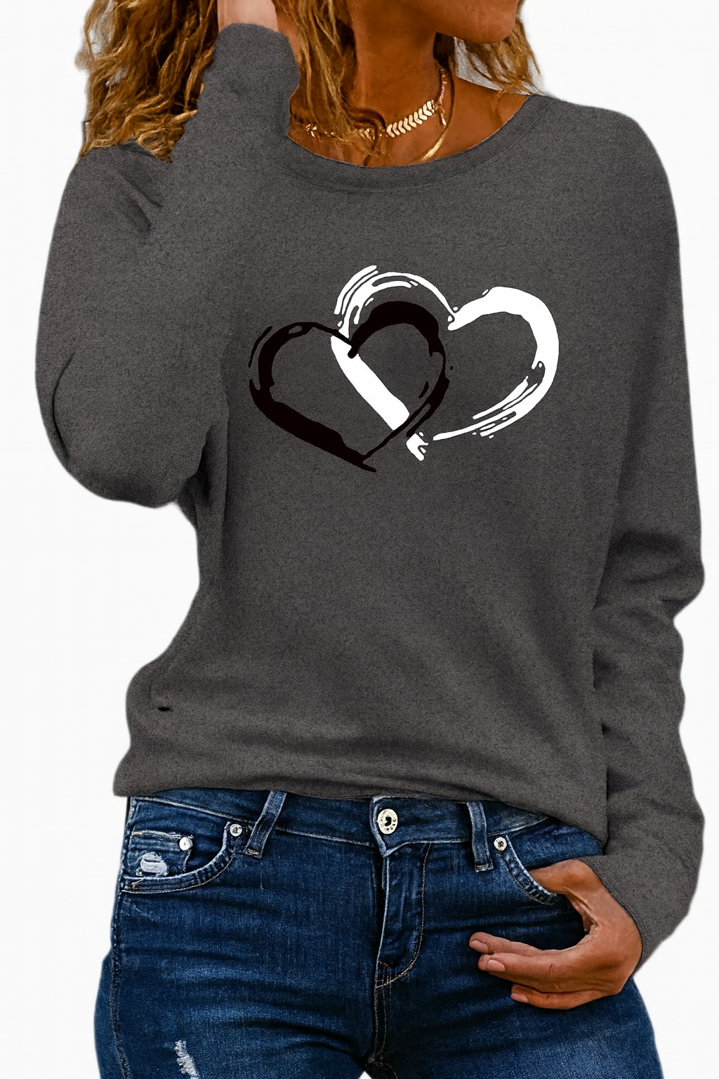 🩶 Camiseta de Manga Larga para Mujer con Estampa de Corazón