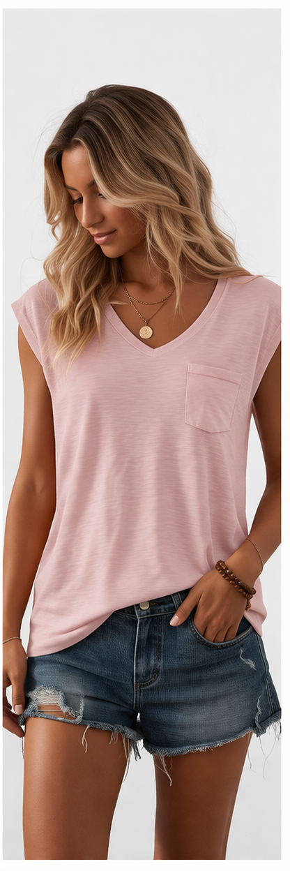 Polera Básica Sin Mangas Cuello V con Bolsillo
