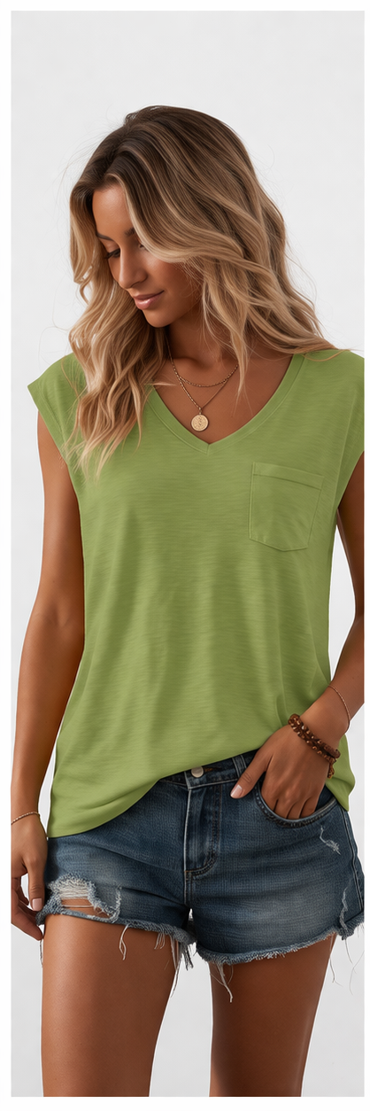 Polera Básica Sin Mangas Cuello V con Bolsillo